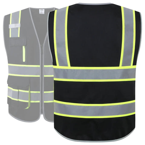 Front and back view of Seven Pocket High Visibility Black Safety Vest With Zipper Front For Men And Women, Hi Vis Reflective Strips, ANSI ISEA Certified, Durable Work Vest For Construction, Roadwork, Outdoors