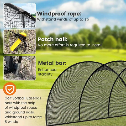 22 Ft Baseball and Softball Batting Cage With Pitching Backstop features windproof rope, patch nail, metal bar for stability