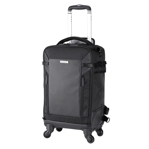 58T Pro Camera Trolley Bag And Backpack For DSLR And Mirrorless Gear With Removable Partitions Left Tripod Pocket Do It All Four Wheel Rolling Design Converts From Backpack To Rolling Tote Spacious Interior Black displayed