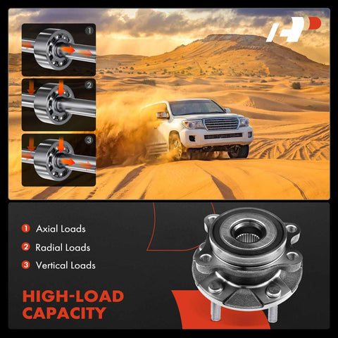 Two Front Wheel Bearing And Hub Assembly Pack Fits Toyota RAV4 2006 2012 V6 Engine And 2013 2018 Models Mirai 2016 2020 Scion tC 2011 2016 Non ABS 5 Lug Manual Transmission Compatible Heavy Duty Load Bearing For A Smooth Ride And Easy DIY Replacement with high-load capacity illustration showing axial, radial, and vertical loads.