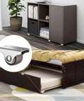 1 Inch Mini Fixed Caster Wheels Set Of 4 With Steel Top Plate Low Profile Silent TPE Rubber Caster Wheels For Furniture Rolling Cabinets Sliding Doors Trundle Beds Drawers Easy Install With Mounting Screws Included For Setup And Smooth Quiet Operation installed on furniture and a trundle bed, featuring close-up of wheel design.