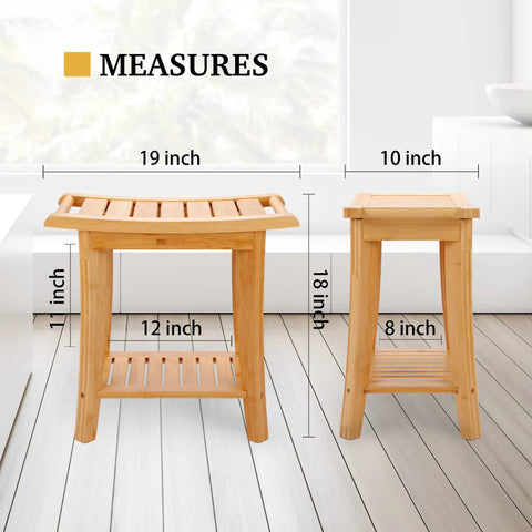 Dimensions of the Bamboo Shower Bench With Storage Shelf For Indoor And Outdoor Use Sturdy Wooden Spa Bath Organizer Stool