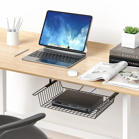 Slide Out Under Desk Storage Drawer Metal Cable Management Tray With Self Adhesive Mount, holding a power strip under a desk.