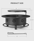 35 Inch Outdoor Fire Pit Table With 360 Degree Rotating Grill, shown with dimensions and poker, black metal design