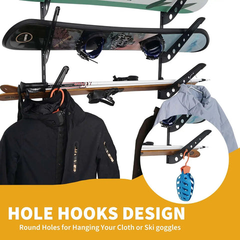 4 Board Snowboard Wall Rack Adjustable Storage for Ski Surfboard Wakeboard Wall Mount Display hangs boards, jackets and ski goggles.