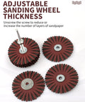 2 Pack 150 Grit Nylon Abrasive Flap Wheel With One Quarter Inch Shank for drills and rotary tools, shown disassembled with layers of sandpaper.