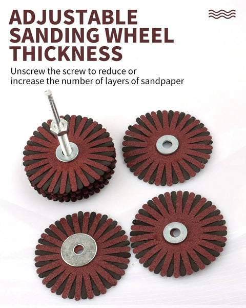 2 Pack 150 Grit Nylon Abrasive Flap Wheel With One Quarter Inch Shank for drills and rotary tools, shown disassembled with layers of sandpaper.