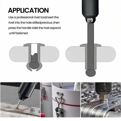 Heavy Duty Aluminum Blind Rivets 3/16 x 3/8 Inch 4.8 x 10mm Self Plugging Open End Pop Rivets for Metal, Indoor and Outdoor Use, Easy Install, Corrosion Resistant Silver Finish, 170 Pieces in application diagrams and installed views.