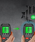 Hands holding a 7 in 1 Smart Stud Finder Wall Scanner with LCD Display detecting studs through a wall with sound signal.