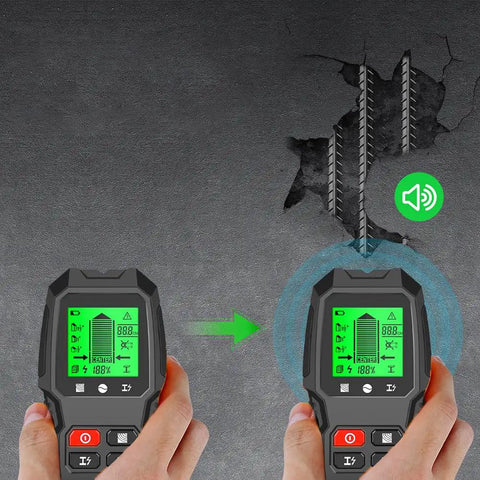 Hands holding a 7 in 1 Smart Stud Finder Wall Scanner with LCD Display detecting studs through a wall with sound signal.