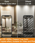 Comparison of High CRI lighting with no ripple effect versus low CRI lighting in a modern living room setting.