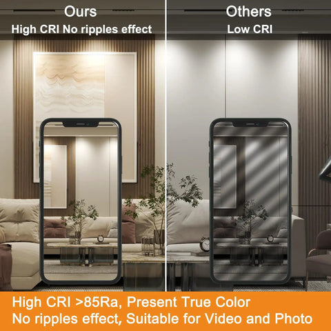 Comparison of High CRI lighting with no ripple effect versus low CRI lighting in a modern living room setting.