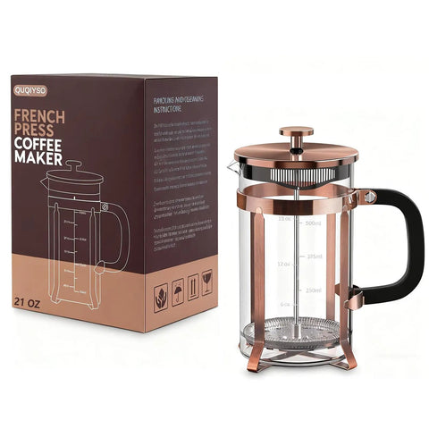 Stainless Steel French Press Coffee Maker With Borosilicate Glass Carafe Copper Finish 21 Ounce Capacity Four Level Filter