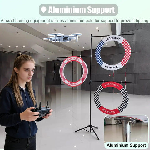 Outdoor Drone Obstacle Course Kit For FPV Racing Indoor Quadcopter Gates with aluminum support and controller, in use by hobbyist.