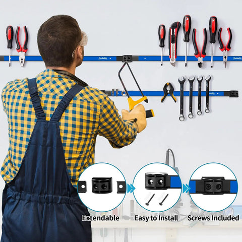 Man using Six Piece 12 Inch Magnetic Tool Holder Strips With Mounting Brackets For Garage Organization Blue Metal Tool Rack