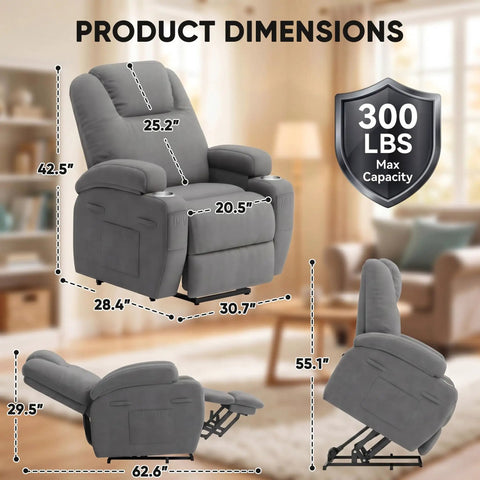 Power Lift Chair Massage Recliner For Seniors With Ergonomic Support Remote Control Built In Cup Holders And Side Pockets Easy Sit To Stand Lift Adjustable Recline Gray dimensions