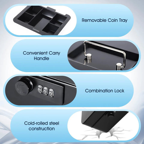 Features of Cash Box With 3 Digit Combination Lock Metal Money Safe Box With Tray For Loose Change And Small Items Secure Home Office Desk Organizer Compact Black 7.87 By 6.30 By 3.35 Inches