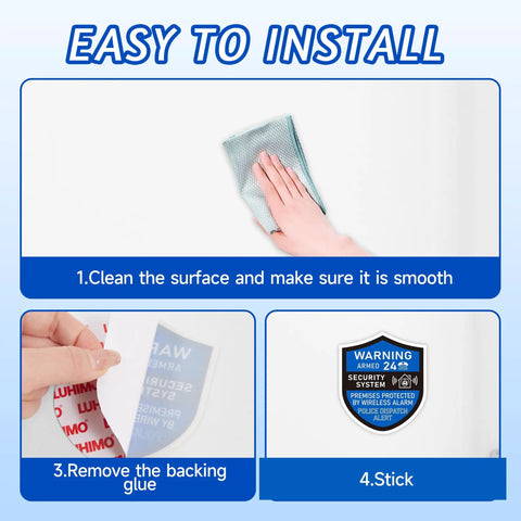 Installation steps for 3 Pack Home Security Alarm Signs Weatherproof Self Adhesive 24 Hour Warning Stickers on a surface