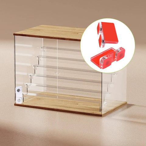16 Set Double Magnetic Door Latches Self Adhesive L Shaped Acrylic Door Closures shown on glass cabinet with red highlight inset