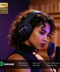 Woman using Wired Over-Ear Studio Monitor Headphones For Recording And Mixing With Fifty Millimeter Drivers And Wide Frequency Response