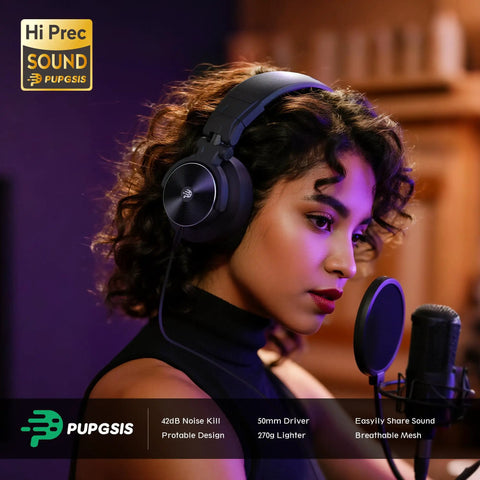 Woman using Wired Over-Ear Studio Monitor Headphones For Recording And Mixing With Fifty Millimeter Drivers And Wide Frequency Response