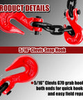 G80 Transport Binder Chain Five Sixteenth Inch Ten Foot With Clevis Grab Hooks For Beefed Up Heavy Duty Tow And Tie Down Securement 4900 Lbs Safe Working Load Binding Equipment, close-up of red clevis grab hooks