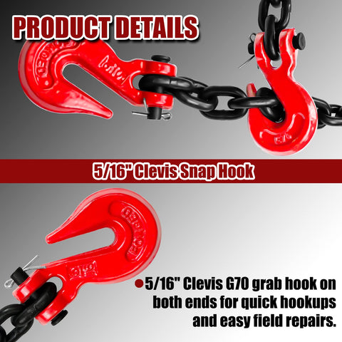 G80 Transport Binder Chain 5/16 Inch By 20 Foot With Clevis Grab Hooks Heavy Duty Tow Chain 4900 Lbs Safe Working Load, red hook detail
