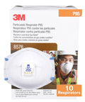 P95 NIOSH Approved Particulate Respirator With Cool Flow Exhalation Valve And Nuisance Acid Gas Relief For Hot Or Humid Environments, Carbon Filter All Day Comfort Nose Clip Pack Of 10 box with a worker wearing the mask.