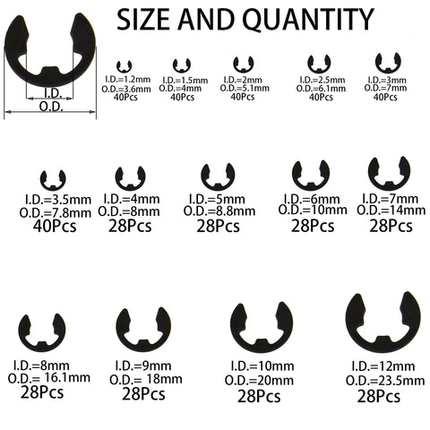 462 Piece Black Alloy Steel E Clip External Retaining Rings Kit With 14 Sizes From 1.2mm To 12mm, shown with size chart.