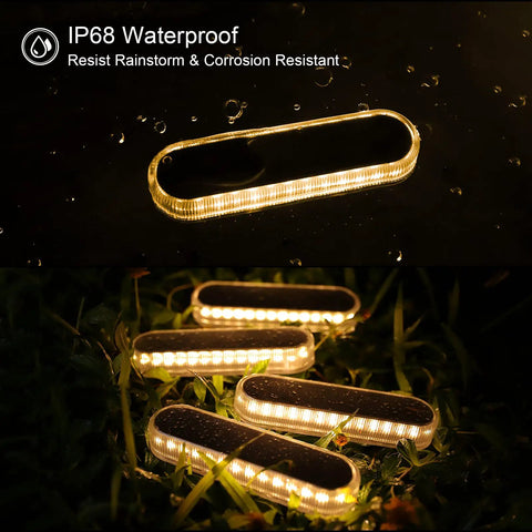 IP68 waterproof outdoor lights shown on wet ground, highlighting rainstorm resistance and corrosion protection.