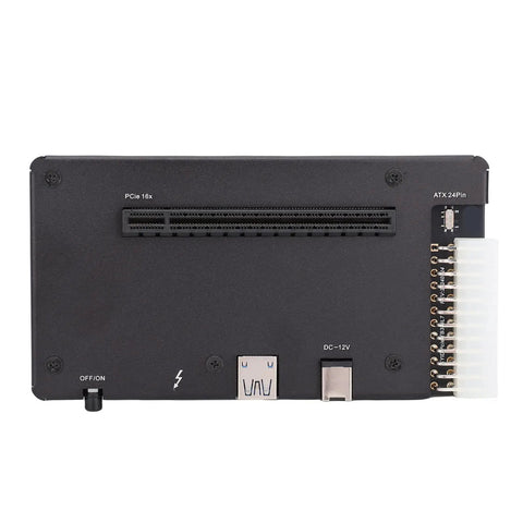 Back view of a black external GPU enclosure featuring PCIe 16x slot and ATX 24Pin power supply. Level Up Your Setup With This Badass External Gpu Enclosure Compatible With Thunderbolt 3 4 And Usb4 Featuring Atx 24Pin Power Supply And Pcie 16X Slot For Laptops Mini Pc Desktop Expansion Plus One Meter Cable.