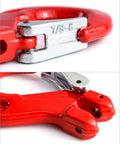 Close-up of Three Eighths Inch Safety Clevis Slip Hook With Latch, Grade 80 drop forged alloy steel, red finish, heavy duty.