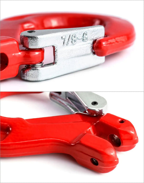 Close-up of Three Eighths Inch Safety Clevis Slip Hook With Latch, Grade 80 drop forged alloy steel, red finish, heavy duty.