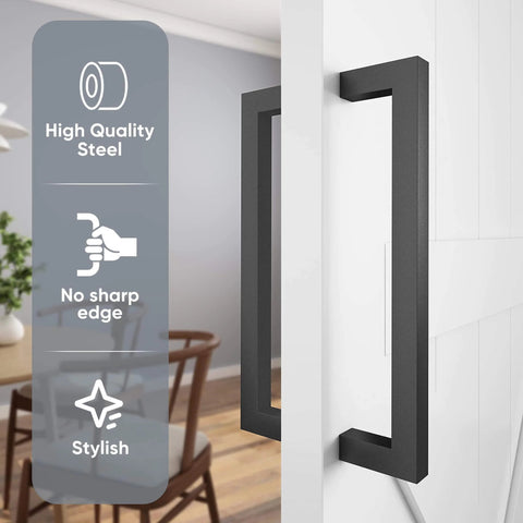 12 Inch Matte Black Push Pull Bar Handle For Sliding Barn Doors And Garages, Heavy Duty Double Sided Door Hardware, Easy To Install With Two Screws, Carbon Steel Construction, Rust Resistant Powder Coat shown installed on a door