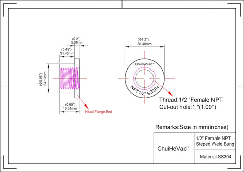 Technical drawing of Stainless Steel 304 Pro Grade One Half Inch NPT Female Threaded Stepped Weld Bung With Top Head, CNC machined.