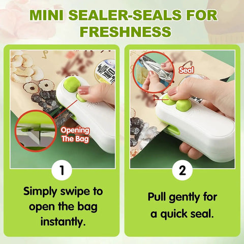 Rechargeable 2 In 1 Bag Sealer With Cutter sealing snack bag, crocodile design, handheld for kitchen, easy one step seal and trim.