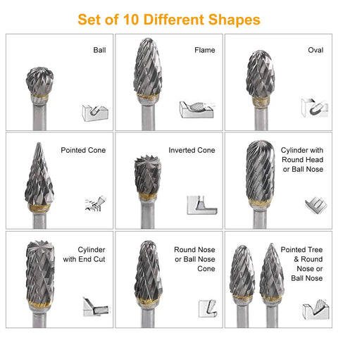 Hardcore Tungsten Carbide Rotary Burr Set With 10 Pieces 3mm Shank and 6mm Cutting Bit For Wood Stone And Metal Working shapes