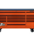 Kickass Rolling Tool Chest Spanning Seventy Two Inches Wide With Seventeen Deep Storage Drawers Tough As Nails Steel Frame Vibrant Orange Coating And Secure Black Handles Built For Real World Shop Grind with multiple drawers.