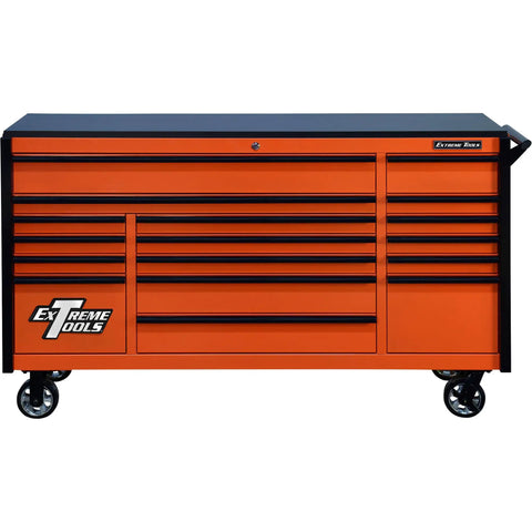 Kickass Rolling Tool Chest Spanning Seventy Two Inches Wide With Seventeen Deep Storage Drawers Tough As Nails Steel Frame Vibrant Orange Coating And Secure Black Handles Built For Real World Shop Grind with multiple drawers.