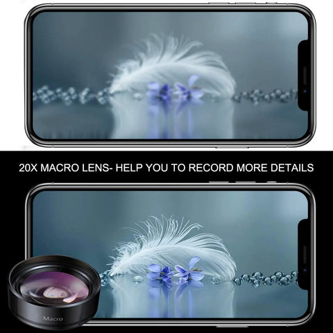 Smartphone using 3 In 1 Phone Camera Lens Kit With 198 Degree Fisheye, 120 Degree Wide Angle And 20x Macro for detailed close-up shot.