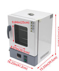 Heavy Duty Digital Forced Air Convection Drying Oven With Slick PID Temp Control And Reliable Rotary Hot Air Circulation For Zero Hassle Shop Or Lab Projects, front view with size dimensions.