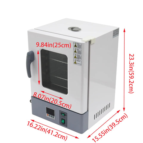 Heavy Duty Digital Forced Air Convection Drying Oven With Slick PID Temp Control And Reliable Rotary Hot Air Circulation For Zero Hassle Shop Or Lab Projects, front view with size dimensions.