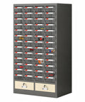 Heavy Duty Steel Tool Storage Cabinet With Locking Drawers And Label Tabs, featuring multiple transparent bins and a compact design.