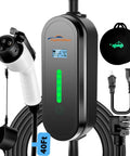Road Trip Ready Portable Level One And Two EV Charger 110 To 240 Volt 8 To 16 Amp Adjustable NEMA 6 20 Plug With 5 15 Adapter 40 Foot Cable Emergency Backup Travel Cord Compatible With All J1772 EVs kit, showing charger, cable, adapters, and carrying case.