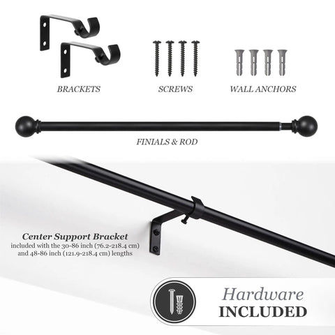 Image showing Chelsea Ball End Curtain Rod For Windows, No Fuss Adjustable 48 To 86 Inches Extendable Steel Rod In Black Finish