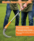 Long Handled High Branch Weeding Sickle With Stainless Steel Blade being used in a garden setting, highlighting multifunctional use.