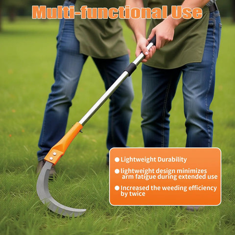 Long Handled High Branch Weeding Sickle With Stainless Steel Blade being used in a garden setting, highlighting multifunctional use.
