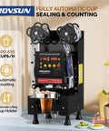 Full Auto Cup Sealing Machine With LCD Control Panel for 88 89 90 95mm Cups, electric Boba tea sealer in use