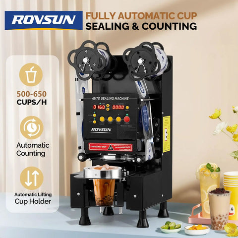 Full Auto Cup Sealing Machine With LCD Control Panel for 88 89 90 95mm Cups, electric Boba tea sealer in use