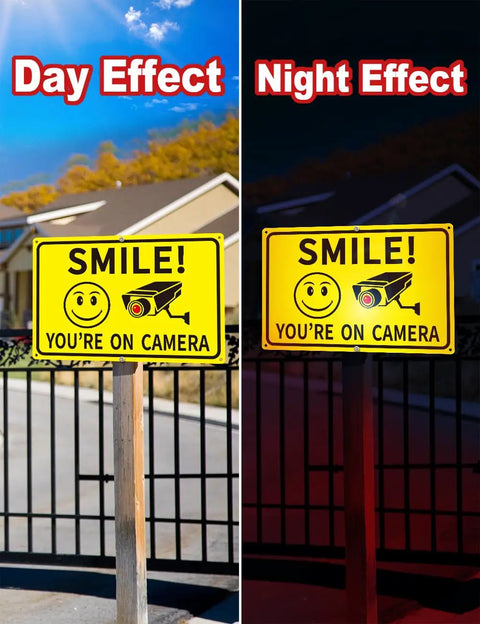 Day and night effect of 4 Pack Smile Youre On Camera Signs 8x12 Rust Free Aluminum Outdoor Video Surveillance Signs with UV Print